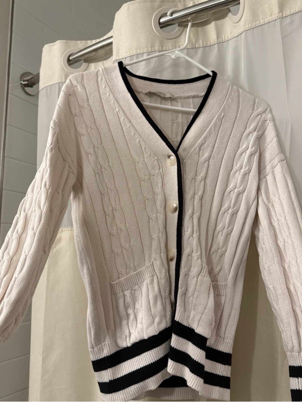 LOFT Cream Cable-Knit V-Neck Cardigan with Black Trim